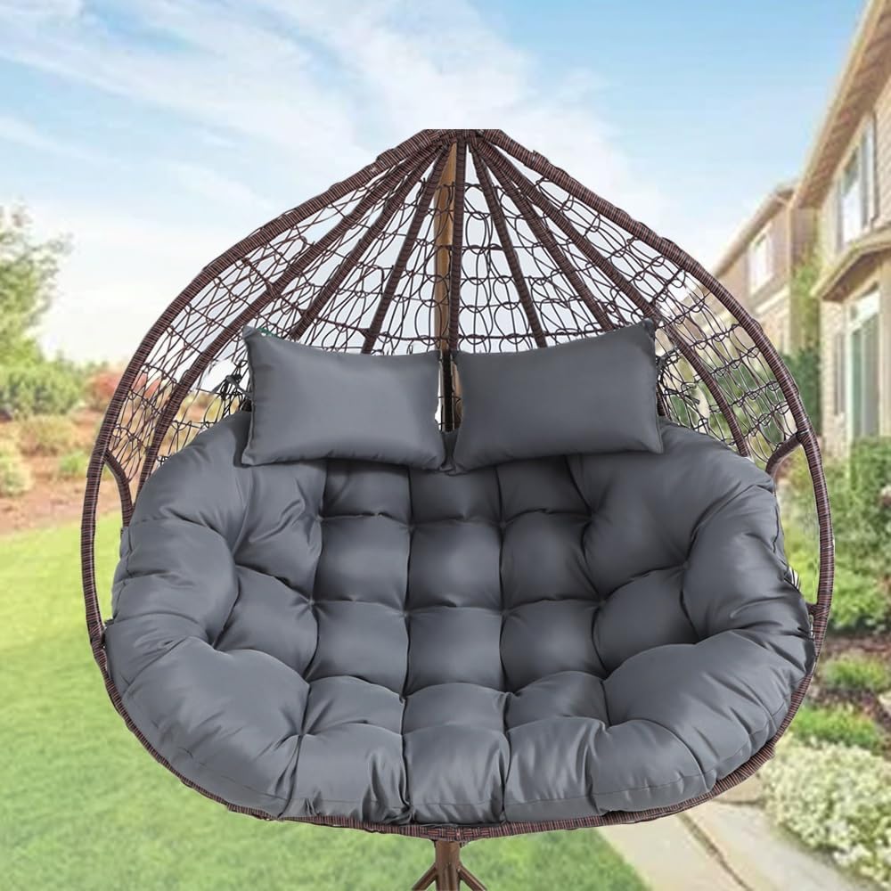 Oversized Double Papasan Chair Cushion 59 x 39 Inch (Without Chair), Outdoor Waterproof Hanging Swing Chair Cushion, Patio Swivel Rocker Chair Cushion with Headrest Pillow(Gray)
