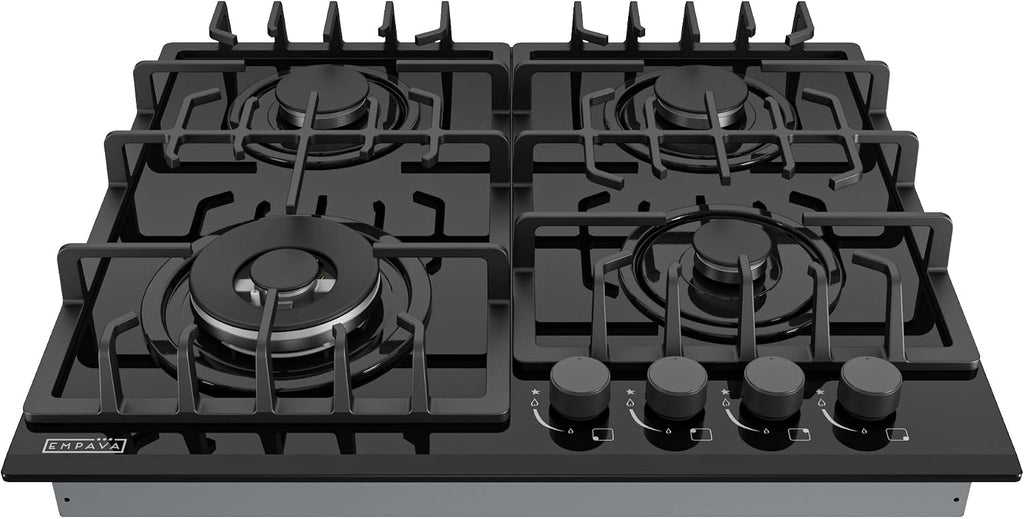 Empava 24' Gas Stove Cooktop 4 Italy Sabaf Sealed Burners NG/LPG Convertible Tempered Glass in Black, 24 Inch