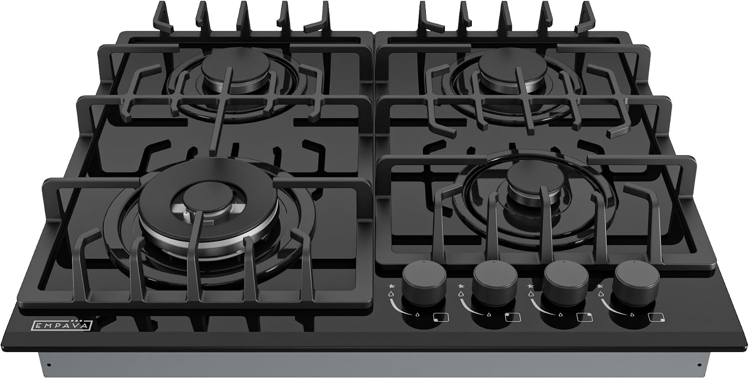 Empava 24' Gas Stove Cooktop 4 Italy Sabaf Sealed Burners NG/LPG Convertible Tempered Glass in Black, 24 Inch