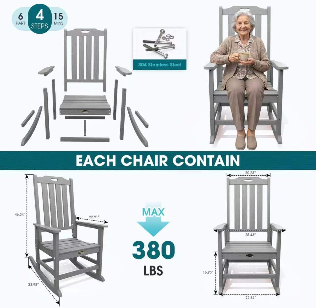 THOEOE Oversized Rocking Chair Set of 2, Outdoor Rocking Chair for Adults, All Weather Resistant Porch Rocker for Lawn Garden, Grey