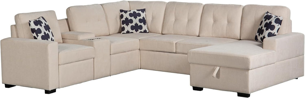 Ball & Cast L-Shape Convertible Sectional Sleeper Sofa Bed 2 in 1 Pull Out Couch with Storage Chaise & Cup Holders,6 Seat Chenille Upholstered Reversible Sleeper Corner Couch for Living Room,Beige