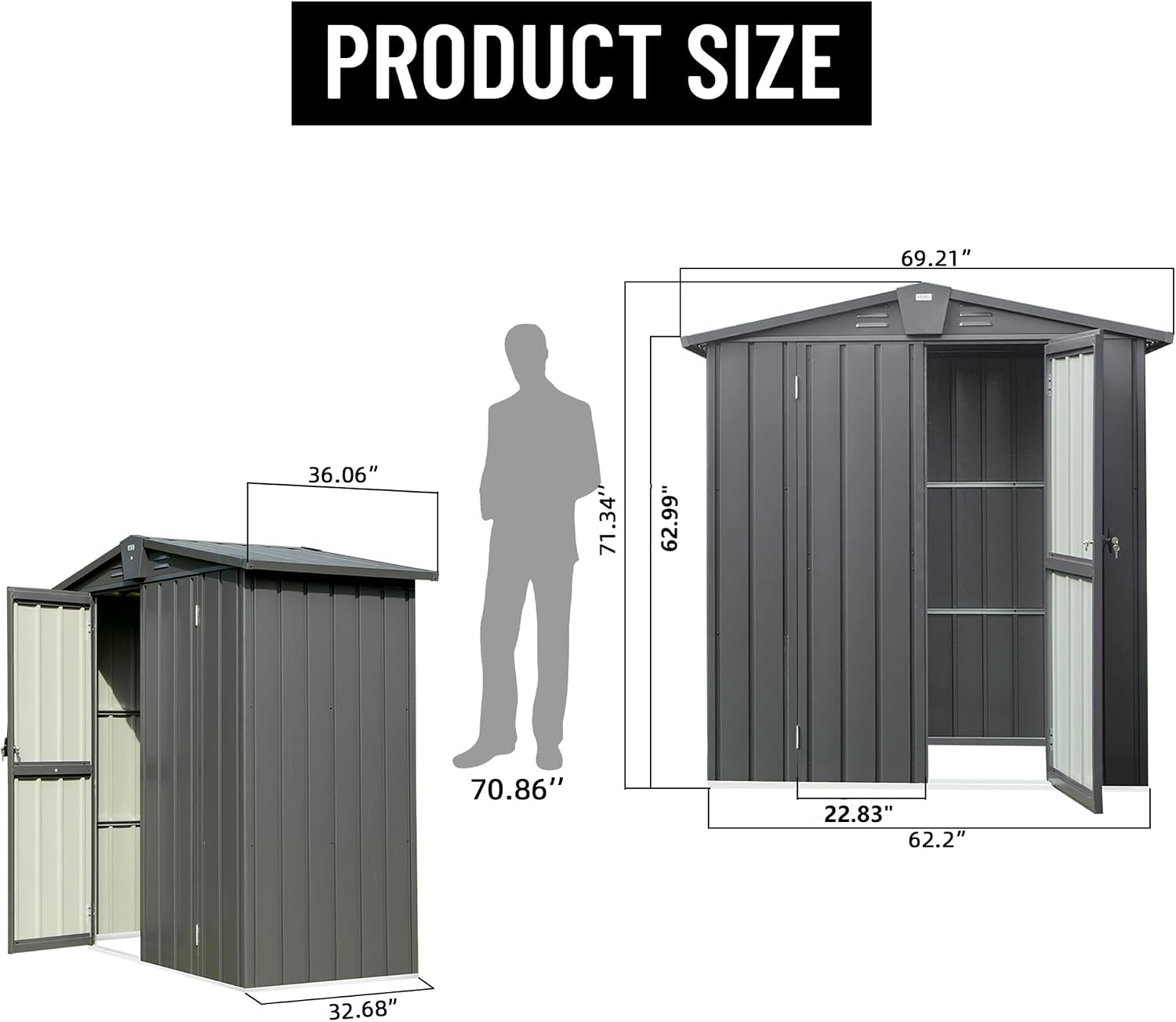 Ritsu Outdoor Storage Shed, Outdoor Garden Shed for Bike, Trash Can, Machine, Galvanized Steel, Outdoor Shed with Lockable Door for Backyard, Patio, Lawn (5.7x3ft, Black)