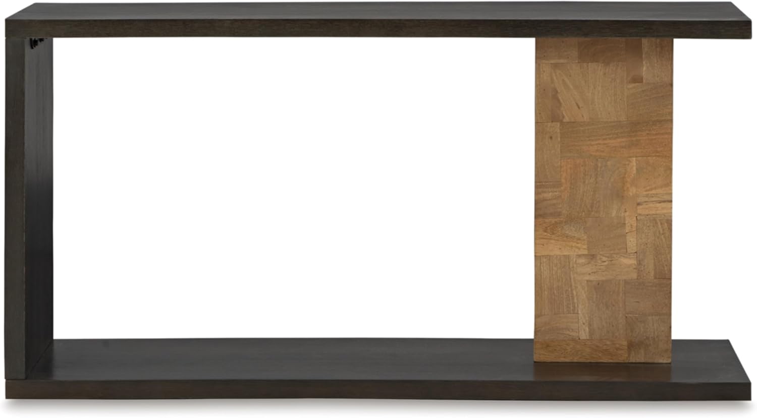 Signature Design by Ashley Camlett Contemporary Console Sofa Table with Shelf and Patchwork Patterned Support Post, Dark Brown & Light Brown