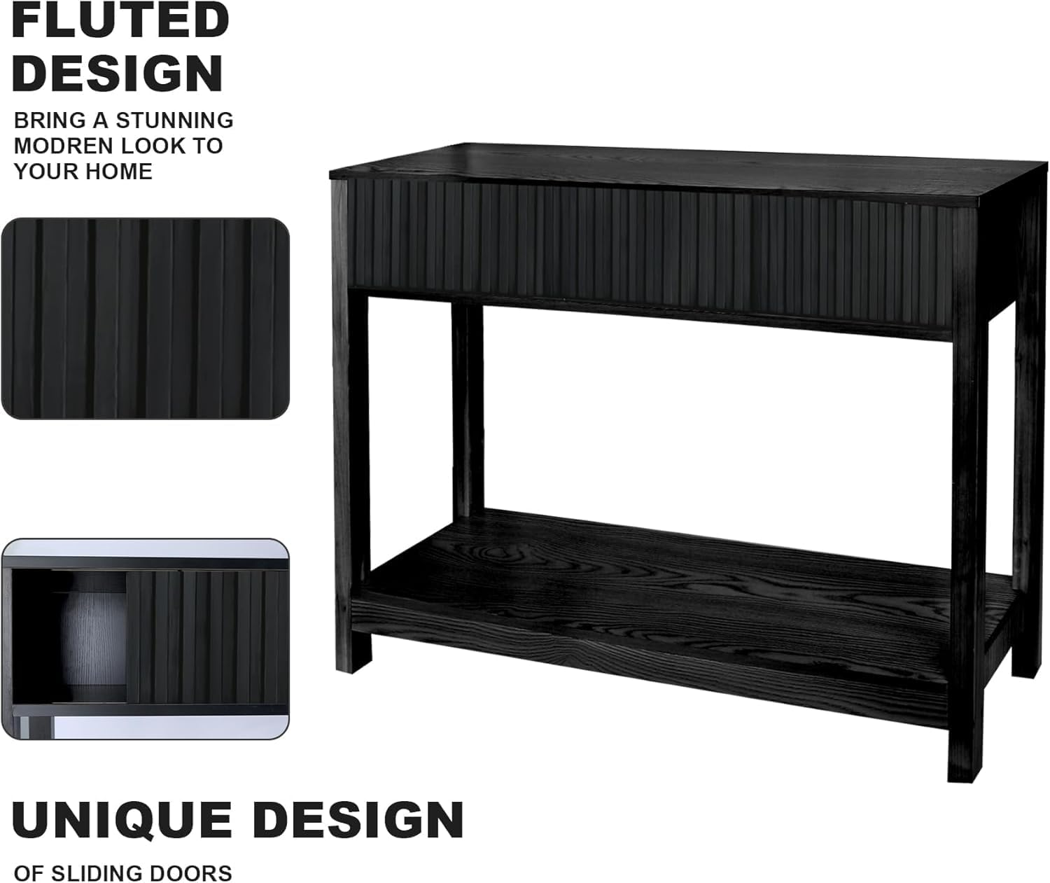 Fluted Console Table, Long Console Tables for Entryway 48' Vanity Desk, Black Boho Entry Table Narrow Modern Hallway Table Modern Sofa Table for Living Room