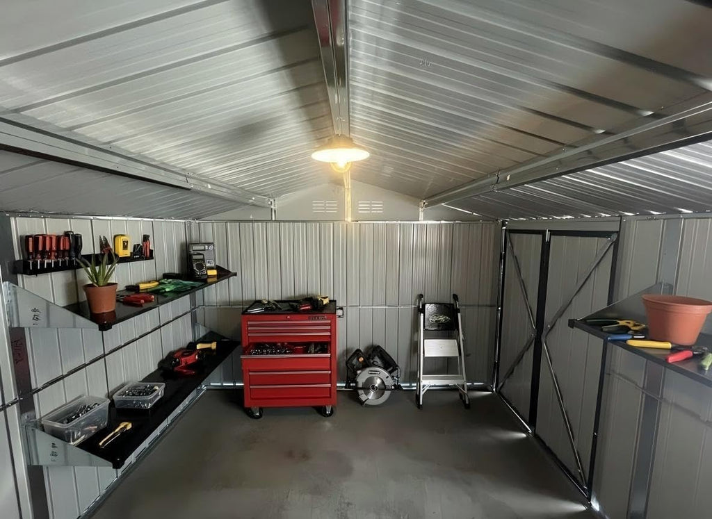 10x12 FT Outdoor Storage Shed, Large Metal Garden Shed with Window & Hinged Door, Upgraded Outside Tool Shed with Foldable Worktable & 2 Shelves, Waterproof Storage Building for Backyard, Brown+Black
