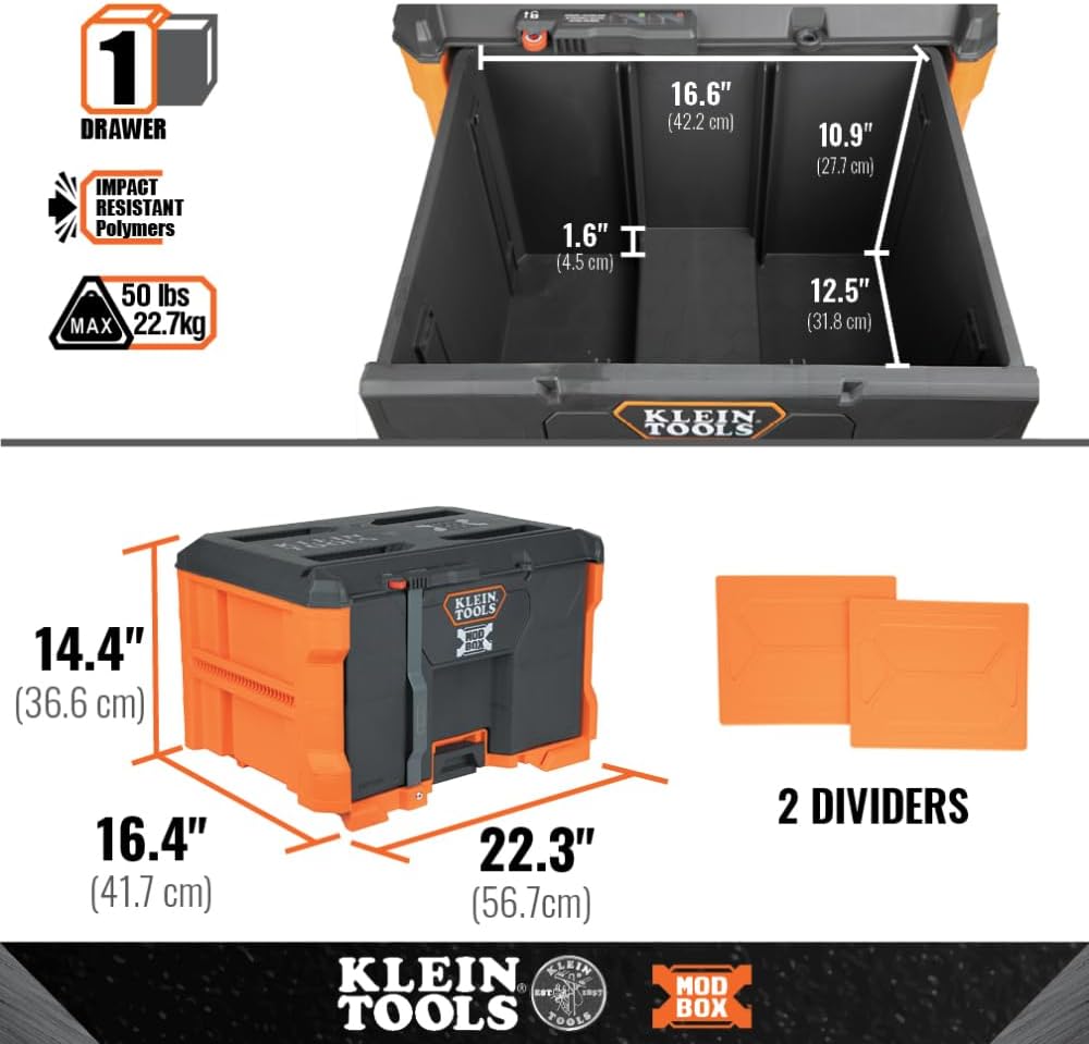 Klein Tools 54821MB MODbox 1-Drawer Tool Box Organizer, Heavy-Duty Deep Drawer, Stackable Module, 50-Pound Capacity