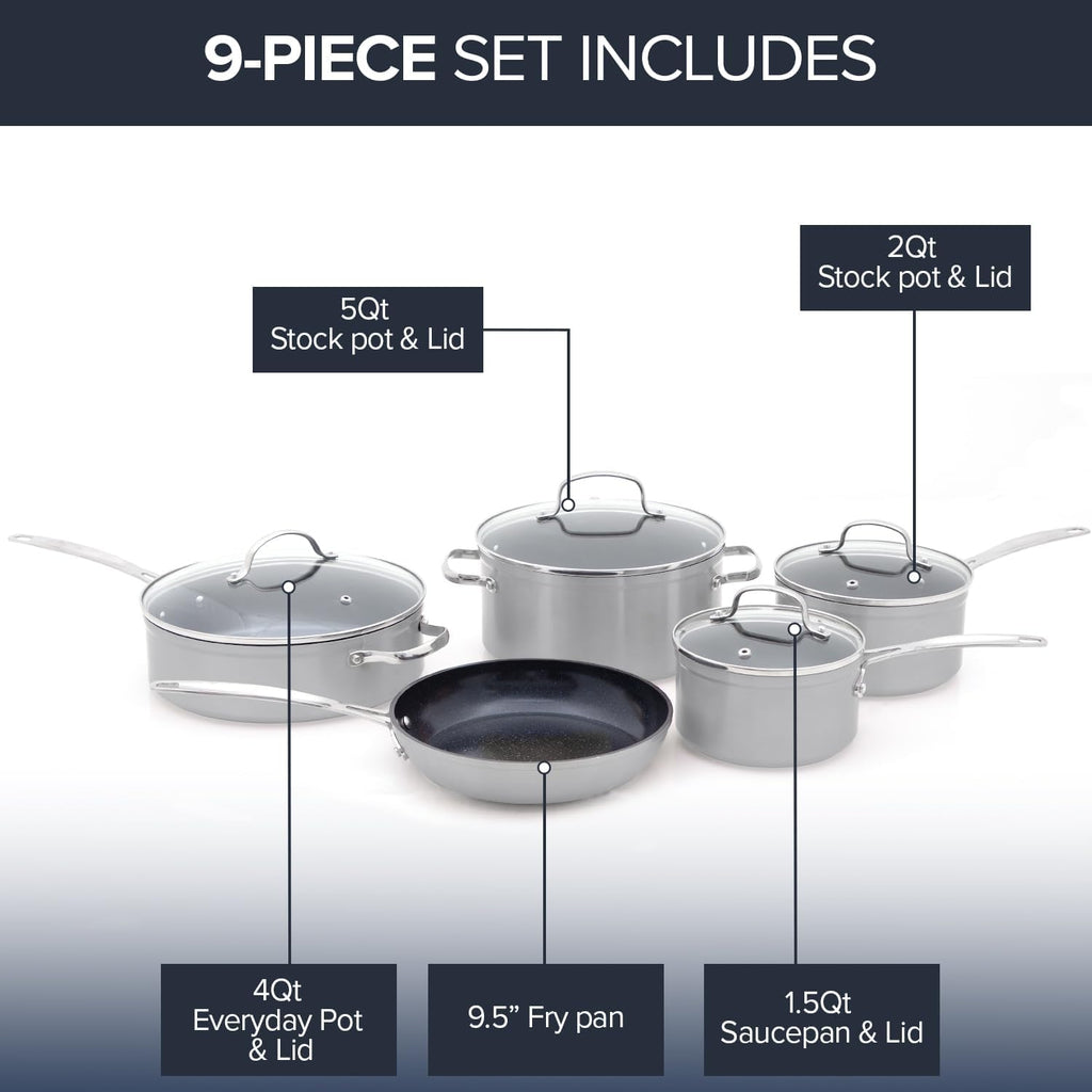 Nuwave Healthy Duralon Blue Ceramic Nonstick Coated 9pc Cookware Set, Scratch-Resistant Diamond Infused, PFAS Free, Induction Ready & Evenly Heats, Oven Safe, Tempered Glass Lids
