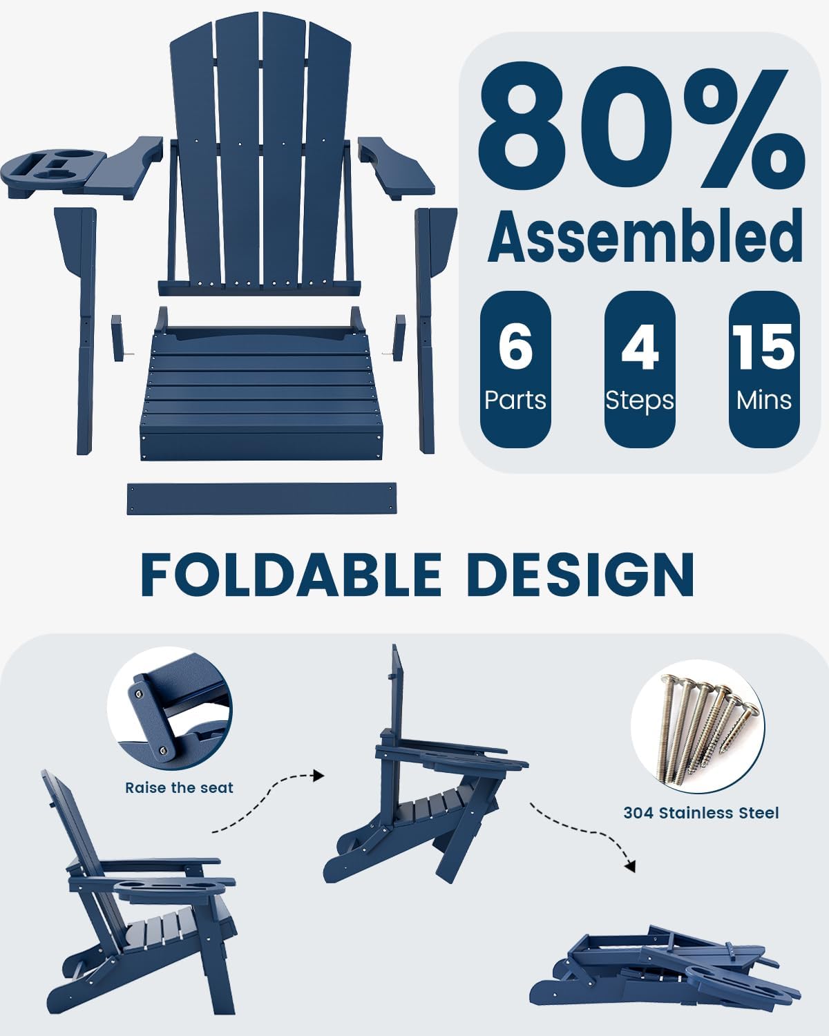FOOWIN Folding Adirondack Chair Set of 2, HDPE Adirondack Chairs with Cup Holder, Weather Resistant Plastic Fire Pit Chairs for Outdoor, Patio, Lawn, Garden, Backyard, Deck, Dark Blue