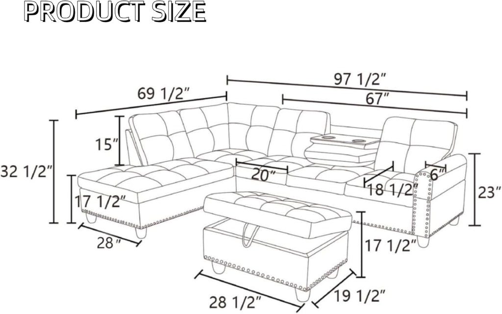 L Shaped Couches for Living Room, Sectional Couch Living Room Furniture with Storage Ottoman, Modular Sectional Sofa with Movable Chaise for Apartment Office, Deep Grey