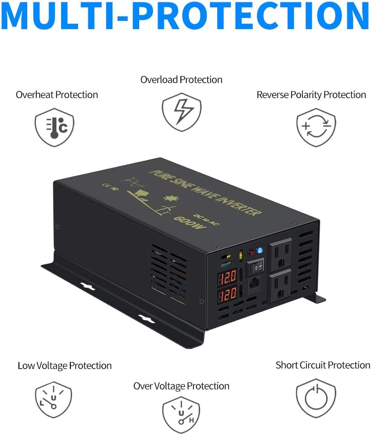 WZRELB 600W 12V 120V Pure Sine Wave Power Inverter with 2 AC Outlets Wired Remote Control