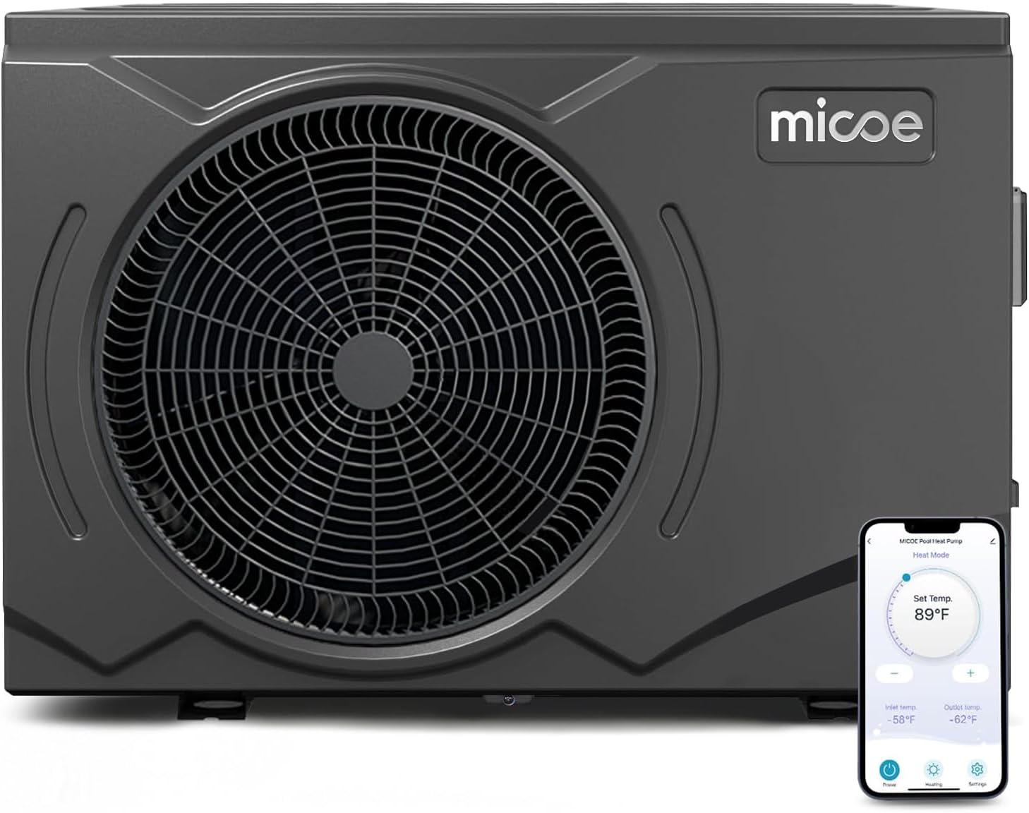 MICOE 58,000 BTU Smart Swimming Pool Heat Pump, Electric Pool Heater for 18,000 Gallons Above Ground & Inground Pools, App-Controlled Heating & Cooling, 220–240V