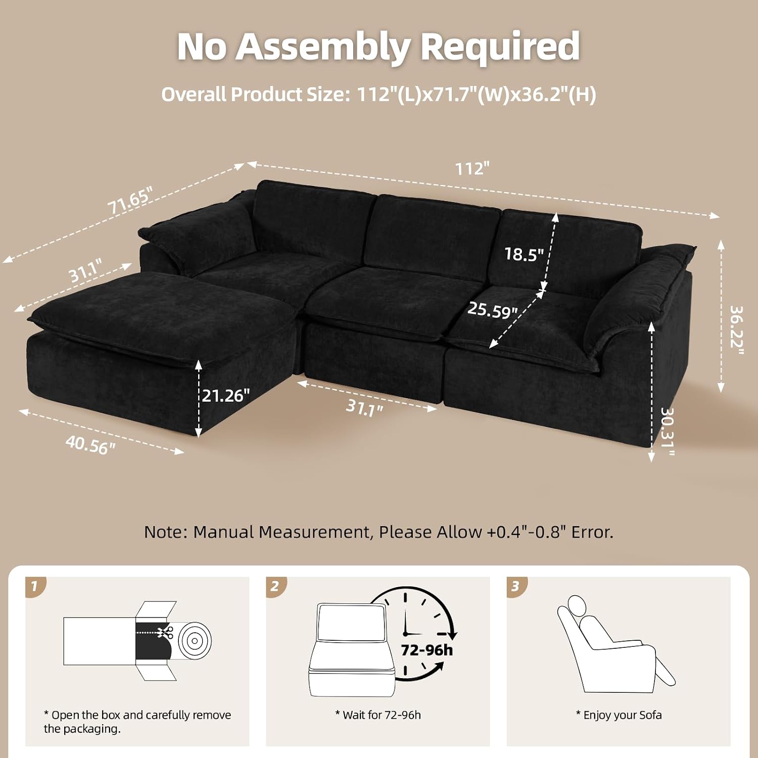 HALLYBEE 112' Cloud Couch Sectional with Padded Armrests & Moveable Ottoman Boneless Sectional Couches for Living Room Black Couch, No Assembly Required