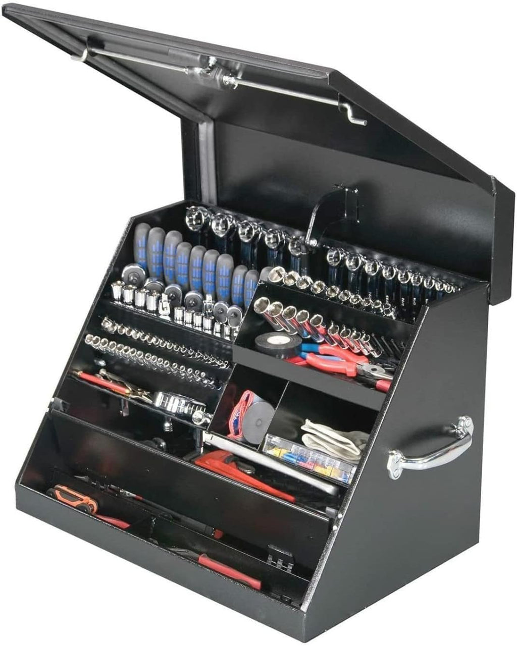 Montezuma – SE250B – 26-Inch Portable TRIANGLE Toolbox – Multi-Tier Design – Heavy-Duty Steel Construction – SAE and Metric Storage Chest – Weather-Resistant Toolbox – Lock and Latching System, Black