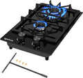 Gas Cooktop 2 Burner,12000W Built-in Gas Stove, Black Crystal Tempered Glass Propane Cooktop, 20.08x12.2' Top Propane Stove Indoor LPG/NG Dual Fuel Hob for Apartment Kitchen RV