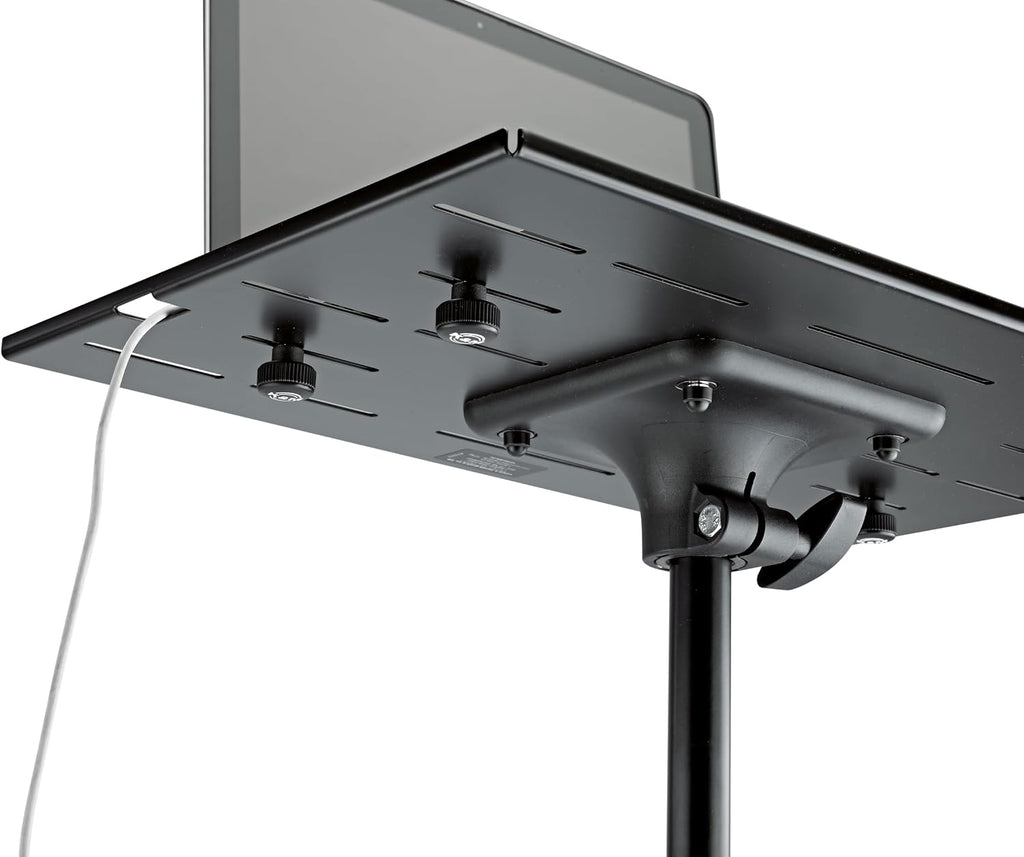 K&M Konig & Meyer 12185.000.55 Laptop Stand | Oversized Desk w/Adjustable Height & Securing Bolts | Cross Brace Foldable Tripod Legs | Ergonomic | Compact | Portable | German Made | Black