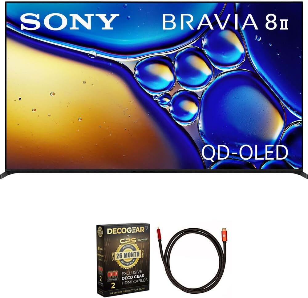 Sony K65XR80M2 BRAVIA 8 II 65 inch Class QD-OLED 4K HDR Google TV 2025 (Renewed) Bundle with Deco Gear 6FT HDMI 2.0 Cable and CPS Exclusive 26 Month Protection Pack (BEACH-CPS-26M3500)