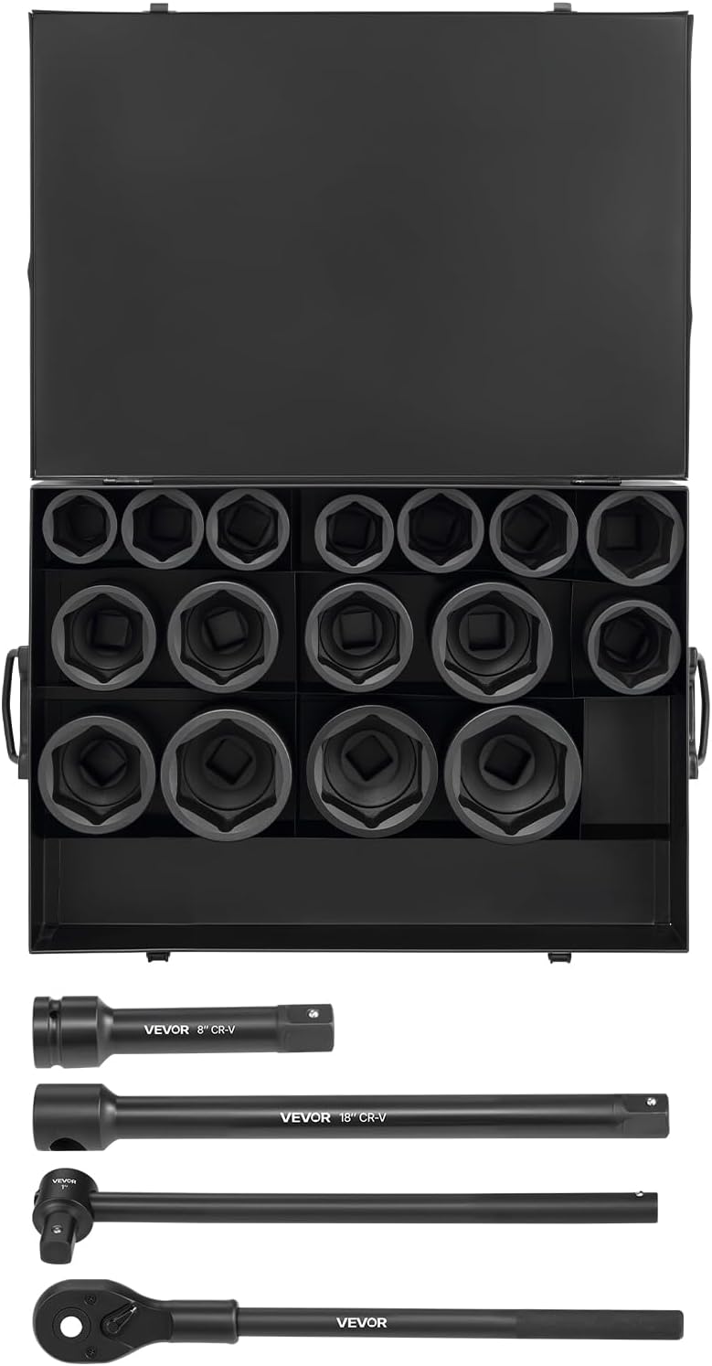 VEVOR 1 in Drive Impact Socket Set, 21 Piece, 6 Point Shallow Impact Sockets, SAE (1-5/8 in to 3-1/8 in), with 8 in & 18 in Extension Bars, 24 in Ratchet, Cr-V Steel, Size Marking, and Carrying Case