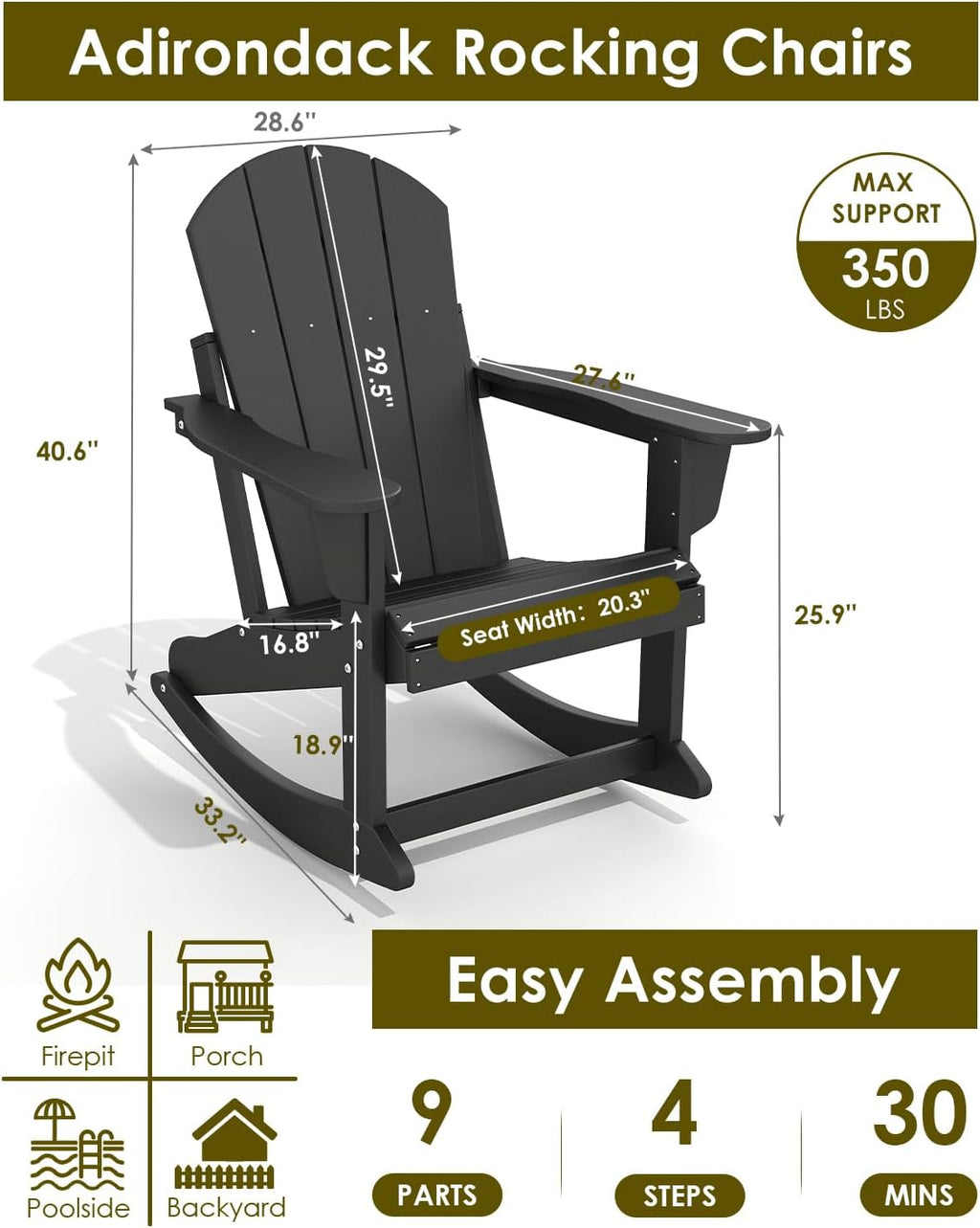 GREENVINES Adirondack Rocking Chairs Set of 2 | HDPE Plastic | Porch Rocker | Chair for Patio Outdoor Deck | All Weather | Black
