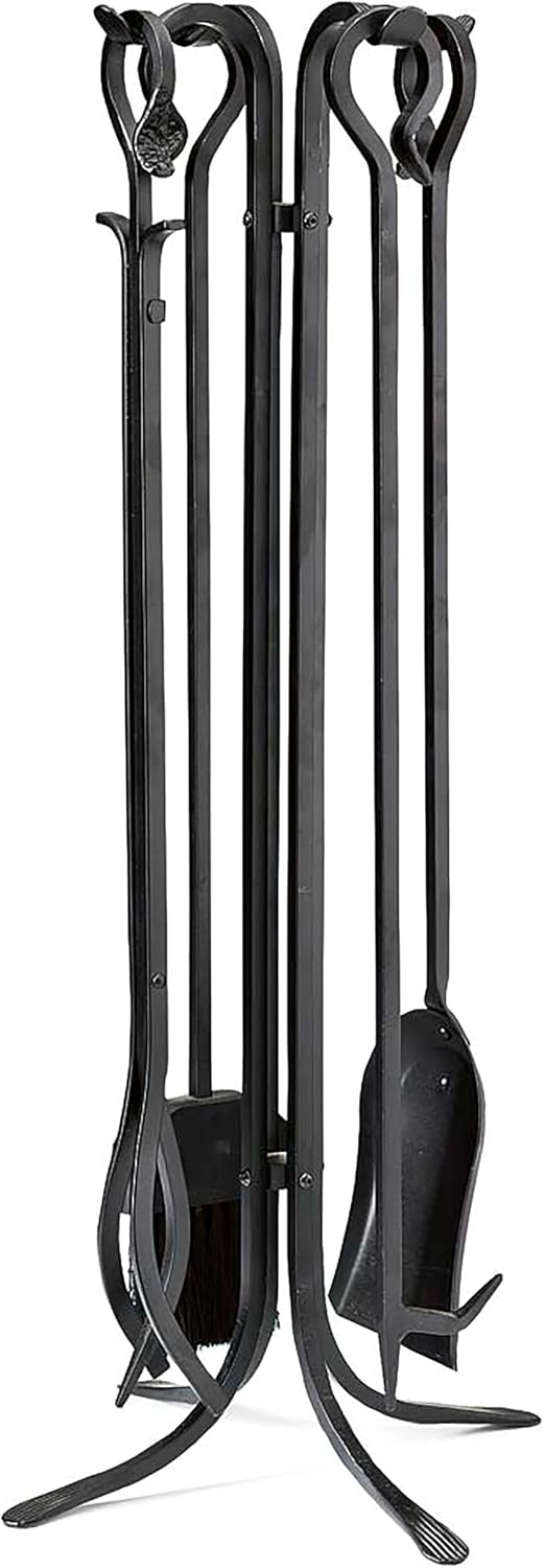 Plow & Hearth 5 Piece Hand Forged Iron Compact Fireplace Tool Set 27.5' | Black Wrought Iron Handle for Outdoor Indoor | Stand Poker Shovel Brush Log Tongs Wood Stove Accessory