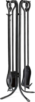 Plow & Hearth 5 Piece Hand Forged Iron Compact Fireplace Tool Set 27.5' | Black Wrought Iron Handle for Outdoor Indoor | Stand Poker Shovel Brush Log Tongs Wood Stove Accessory