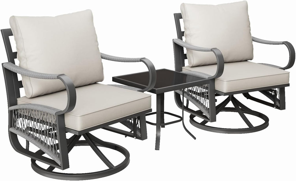 3 Piece Patio Furniture Set, Rope Woven Outdoor Conversation Set with High Back Metal Swivel Chairs and Coffee Table, Thick Cushions for Garden, Porch, Beige