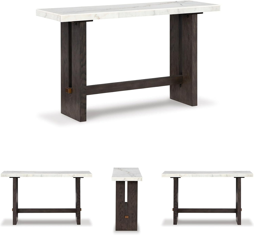 Signature Design by Ashley Burkhaus Traditional Rectangular Sofa Table with Marble Tabletop, Dark Brown & White