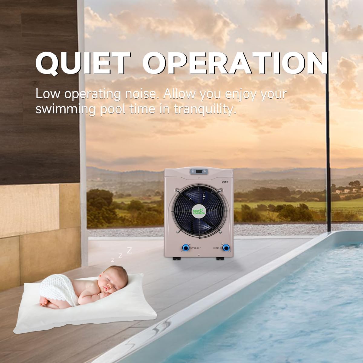ECOPOOLTECH Swimming Pool Heat Pump, Electric Pool Heater for Above Ground Pool up to 5000 Gallons, Max 16184 BTU, 5.62 COP, Titanium Heat Exchanger, 110V-120V, EU50