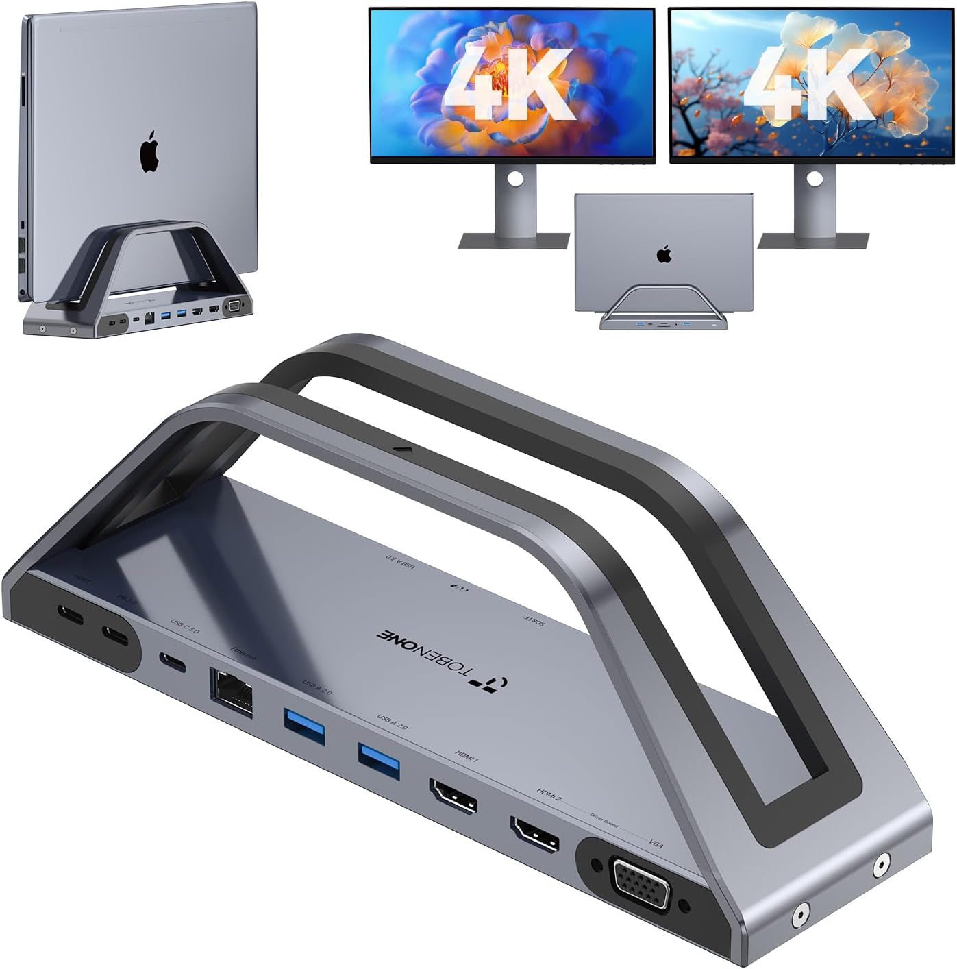 TobenONE 14-in-1 MacBook Pro/Air Docking Station Dual 4K Monitor, Laptop Docking Station Stand for MacBook M1-M5/Neo, Driver-Based, USB C Dock with 65W Power Adapter, 2 HDMI,VGA, 5Gbps USB, RJ45