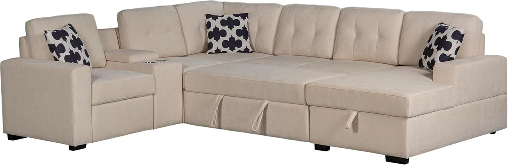 Ball & Cast L-Shape Convertible Sectional Sleeper Sofa Bed 2 in 1 Pull Out Couch with Storage Chaise & Cup Holders,6 Seat Chenille Upholstered Reversible Sleeper Corner Couch for Living Room,Beige