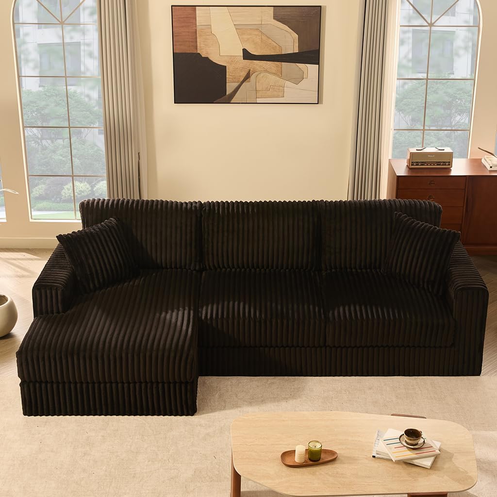 Cloud Couch 113' L-Shaped Couch (Not Boneless), 3-Seater Modular Sectional Couch, Queen Sofa with Corduroy Upholstery, Deep Seats, High Backrest & Pocket Spring Cushions, Left Facing Chaise, Black