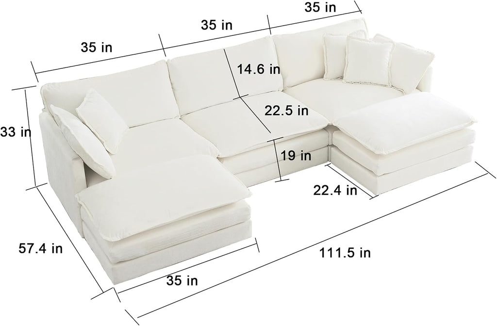GNIXUU 111.5' Oversized Modular Sectional Sofa, Comfy Cloud Couch for Living Room, Modern Chenille Large Deep Seat U Shaped Couch with Reversible Chaise & Cushions(6 Seater, Beige White)