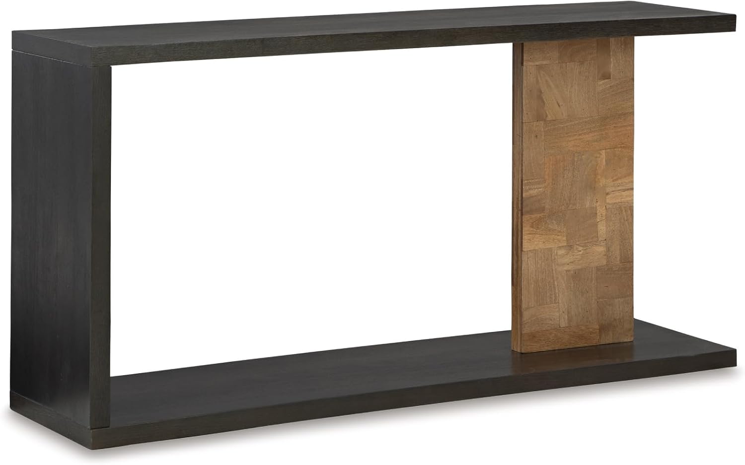Signature Design by Ashley Camlett Contemporary Console Sofa Table with Shelf and Patchwork Patterned Support Post, Dark Brown & Light Brown