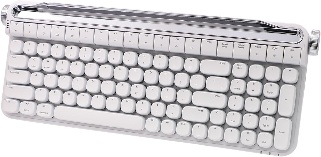 Retro Typewriter Mechanical Keyboard with Tablet Stand, 100 Keys LED Backlit, ABS+PBT Keycaps, Wired/Bluetooth, Blue Switch, Compatible with Windows/Mac/iOS/Android (White)
