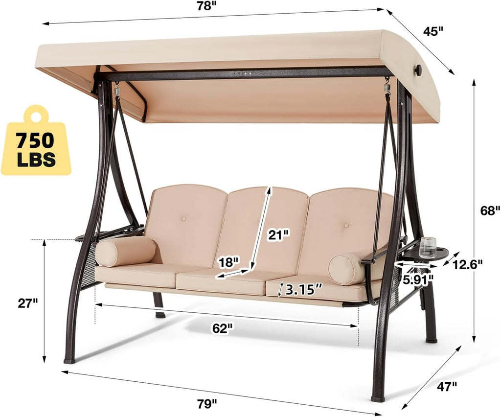 HOMREST 3 Person Outdoor Porch Swing with 1.5' Upgraded Cup Holder, Adjustable Canopy, Backrest, Patio Swing Bed with Weather Resistant Steel Frame, Cushions for Garden,Deck and Poolside(Khaki)