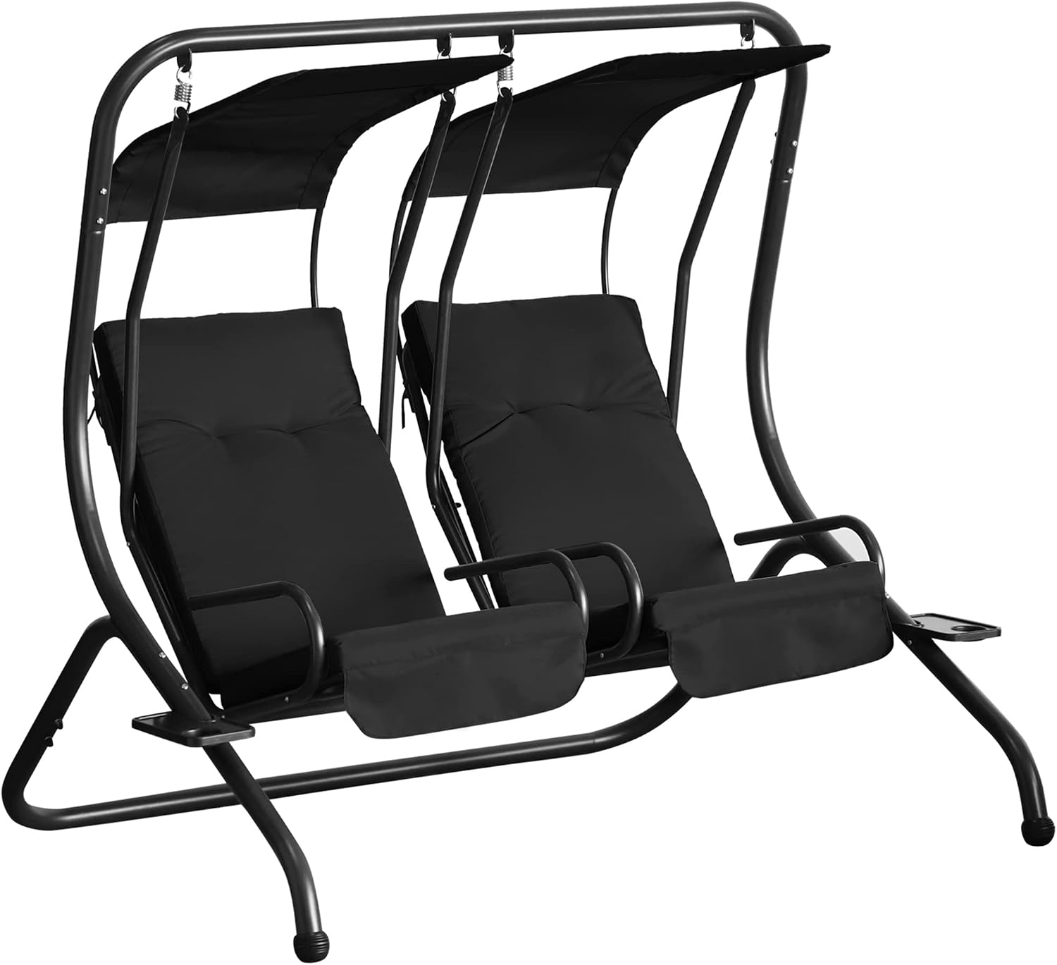 Outsunny Patio Swing Chair with 2 Separate Seats, Outdoor Swing Glider with Removable Canopy and Cup Holders, for Porch, Garden, Poolside, Backyard, Black