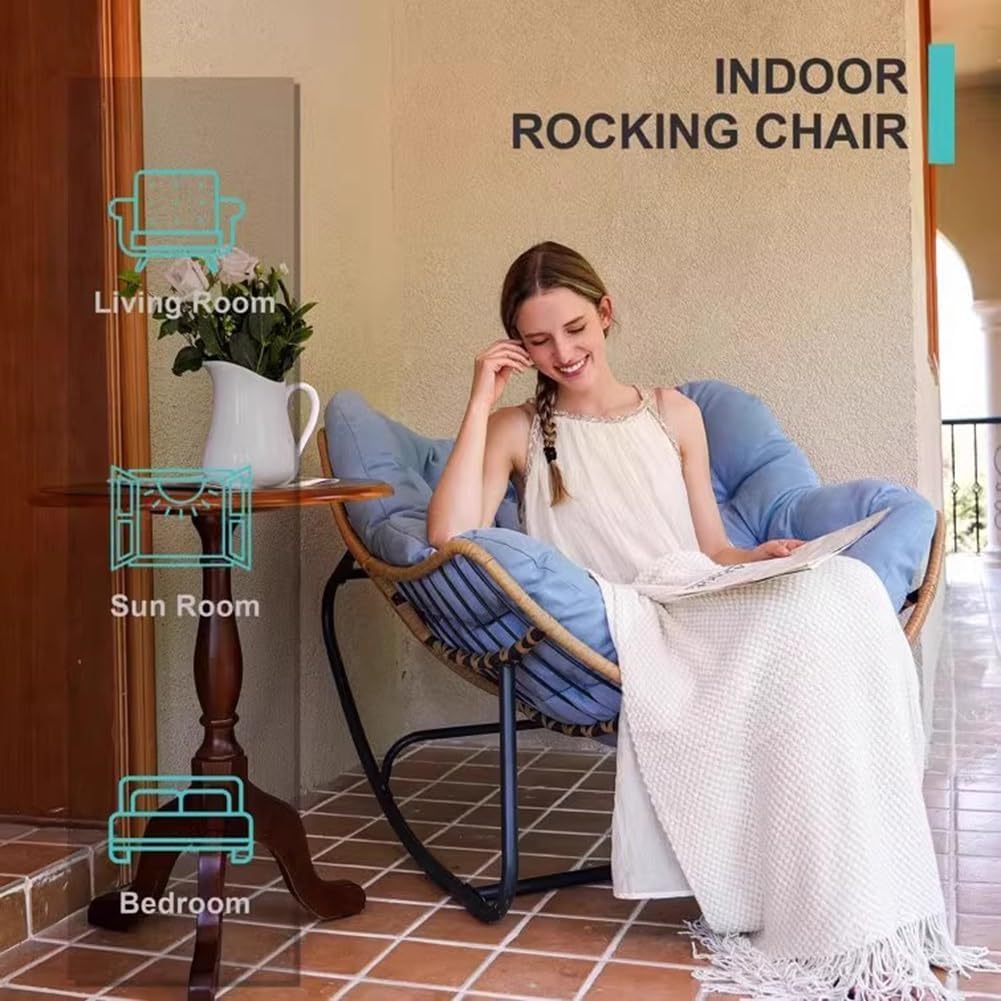Etlegor Outdoor Patio Rocking Chair, Indoor Reading Chair with Cushion Rattan Wicker Lounge Chair for Living Room Front Porch Garden Balcony Lawn(Blue)