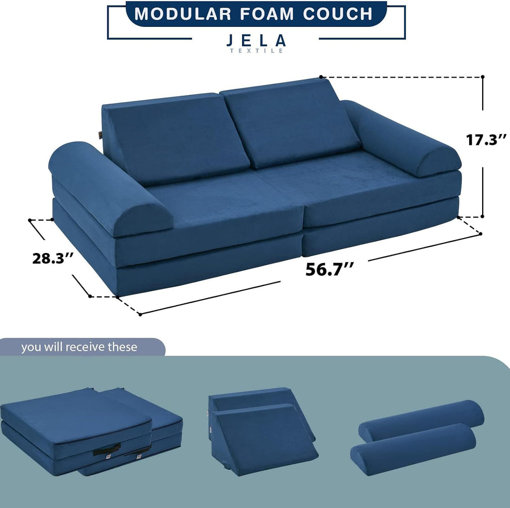 jela Kids Couch Safety Certified Play Couch Soft Kids Sofa with Machine Washable Cover Thick Foam Fort Building Set for Playroom Indoor (57'x28'x18', Navy Blue)