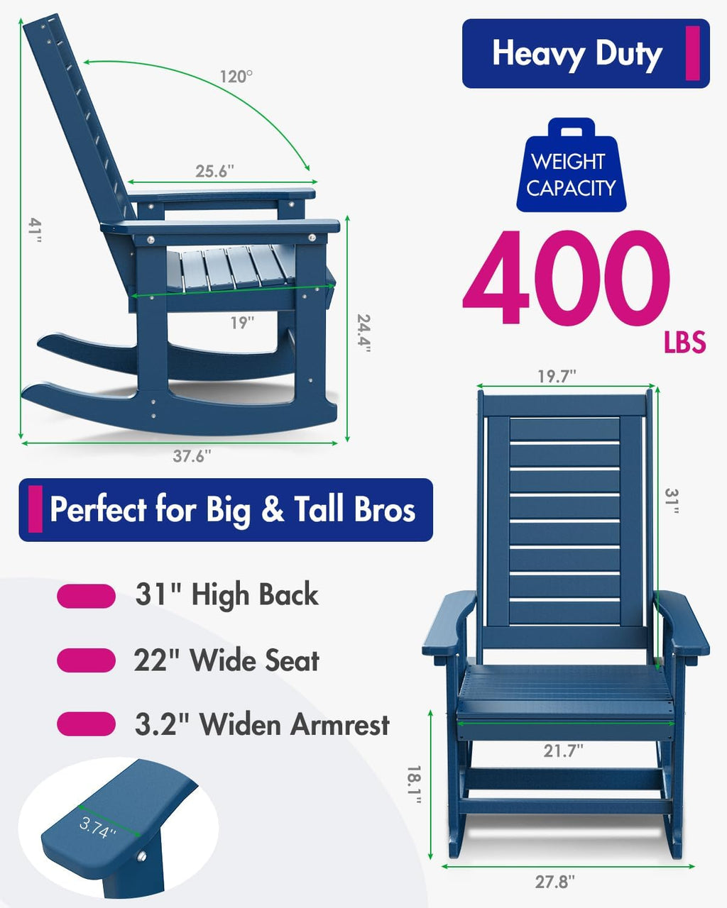 BRIOPAWS Outdoor Rocking Chairs | Set of 4 | Porch Rockers | HDPE Plastic| Blue | Oversized | Patio Rocker Chair | High Back | for Big Man | Weather Resistant | for Outside Deck Balcony Front Backyard