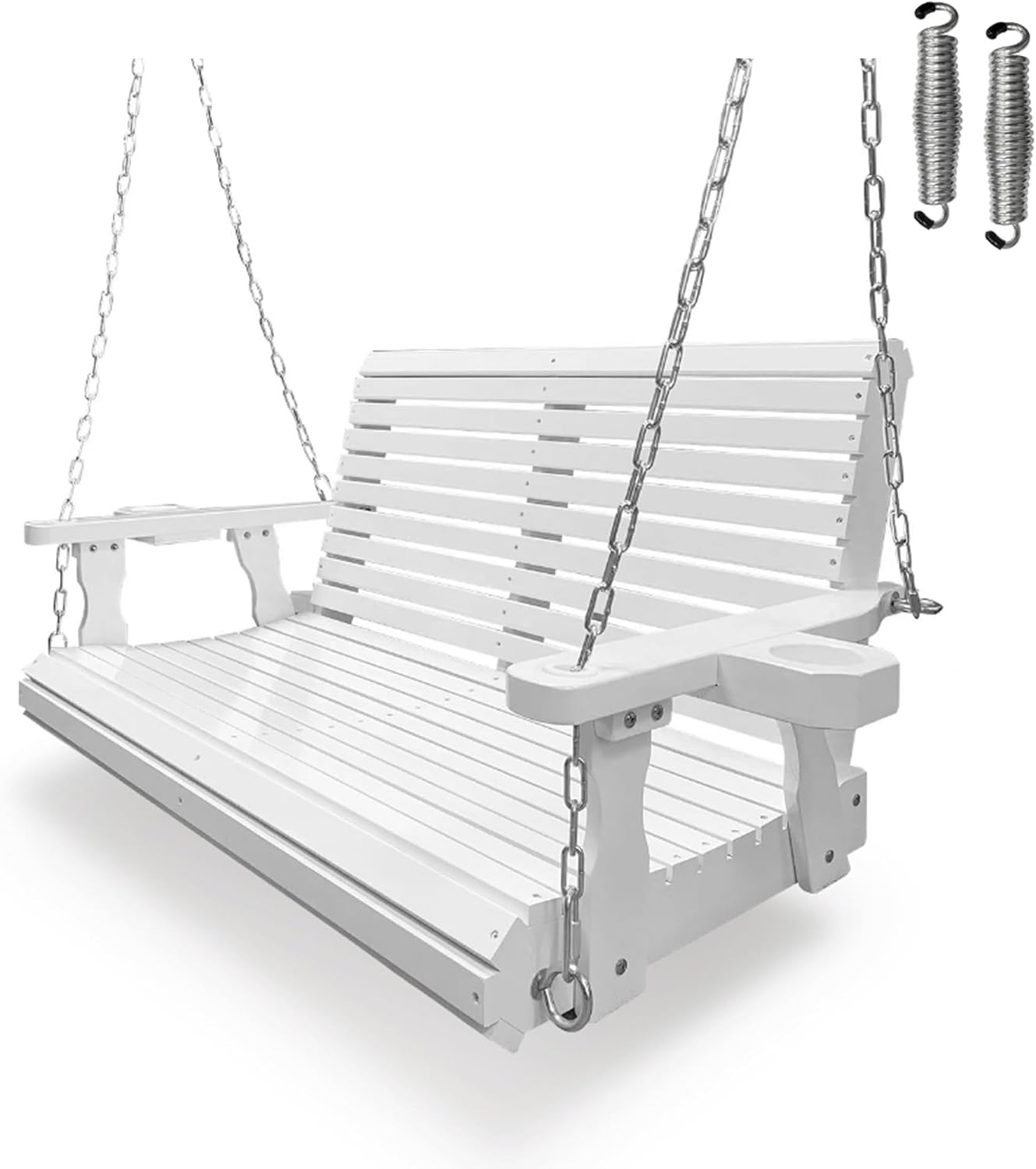 Wooden Porch Swing 2-Seater, Bench Swing with Cupholders, Hanging Chains and 7mm Springs, Heavy Duty 800 LBS, for Outdoor Patio Garden, Pure White, 4 FT Extra Large