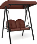 Tangkula 2 Person Porch Swing, Patio Swing with Adjustable Canopy, Heavy-Duty Metal Frame & Soft Cushion, Outdoor Swing for Backyard, Garden (Brown)