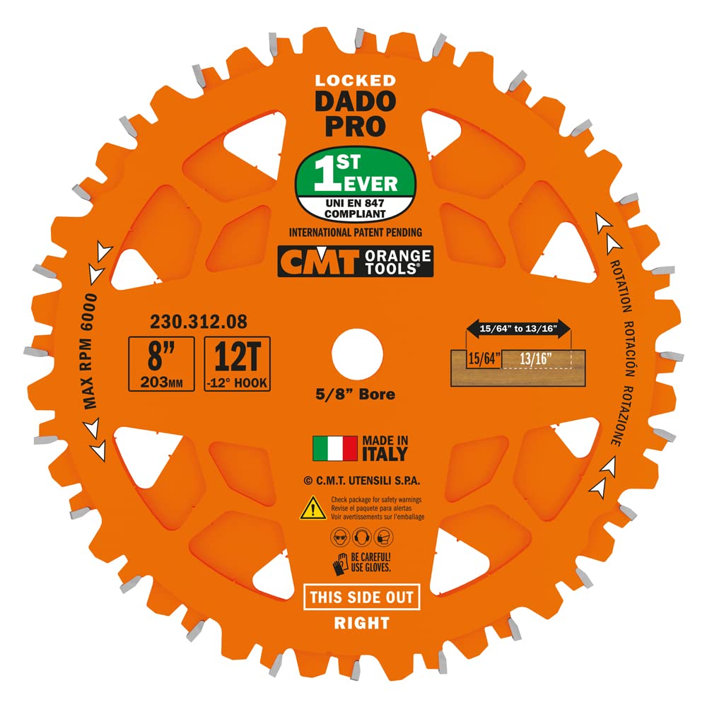 CMT ORANGE TOOLS 230.312.08 DADO Set Saw Blade HW D=8' B=5/8' Z12 FTG+ATB Orange PTFE