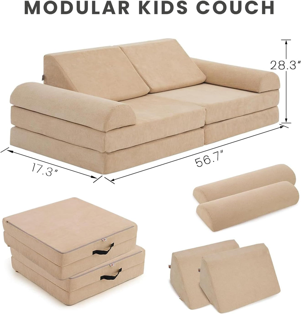 jela Kids Couch Safety Certified Play Couch Soft Kids Sofa with Machine Washable Cover Thick Foam Fort Building Set for Playroom Indoor 57x28x18 Inch (Corduroy, Brown Sugar)