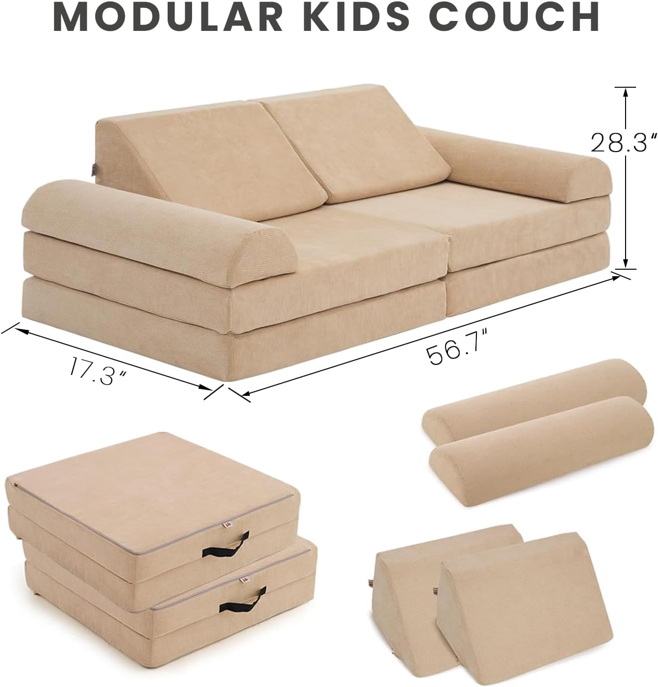 jela Kids Couch Safety Certified Play Couch Soft Kids Sofa with Machine Washable Cover Thick Foam Fort Building Set for Playroom Indoor 57x28x18 Inch (Corduroy, Brown Sugar)