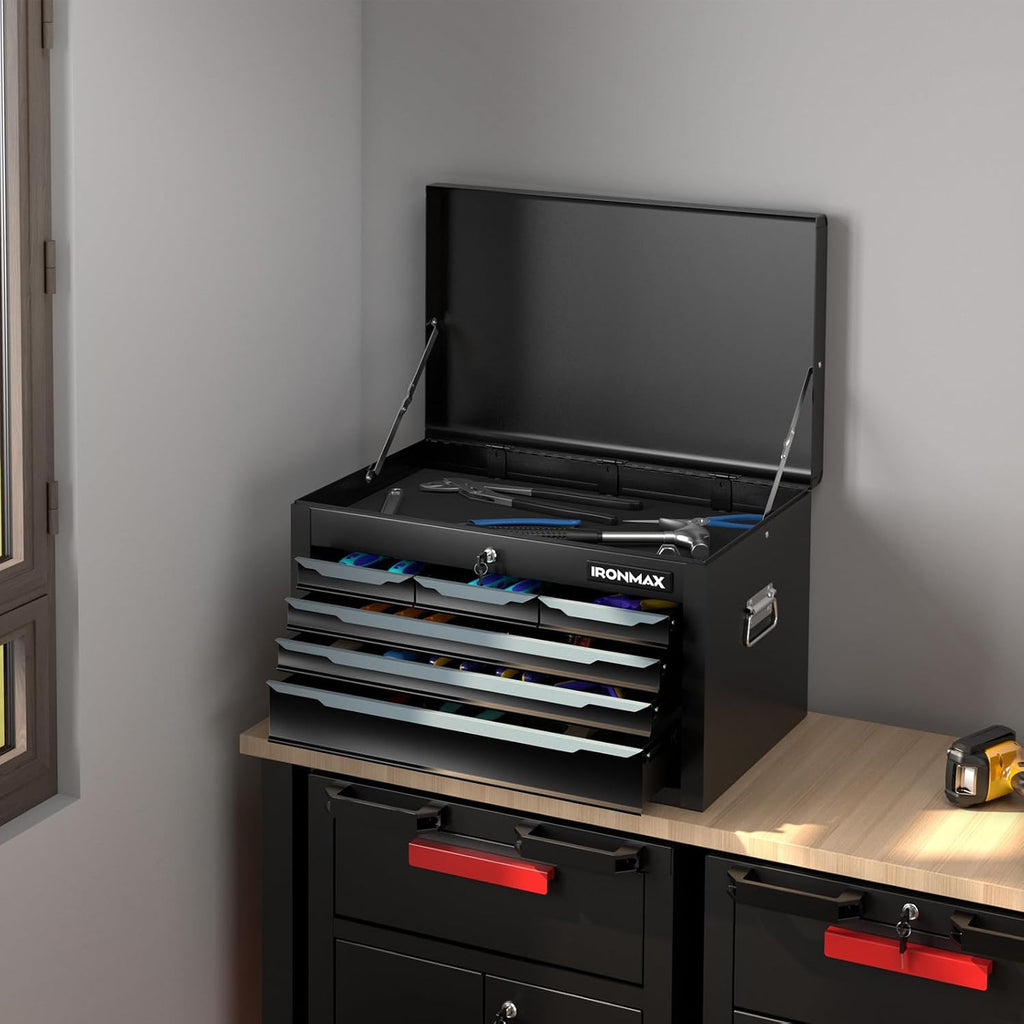 Goplus Tool Box, 24' 6-Drawers Steel Tool Chest w/Top Tool Tray,Automatic Lock, Protective Liners, Handle, Smooth Ball Bearing Sides, Portable Tool Storage Organizer, Toolbox for Garage Workshop