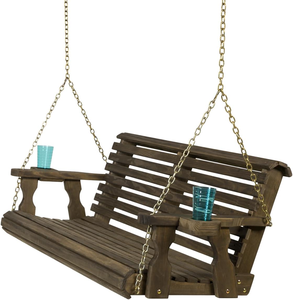 Amish Casual Heavy Duty 700 Lb Capacity Porch Swing with Cup Holders (5 Foot, Dark Walnut Stain) – Wooden Outdoor Roll Back Swing with Hanging Chains – Amish Made in the USA
