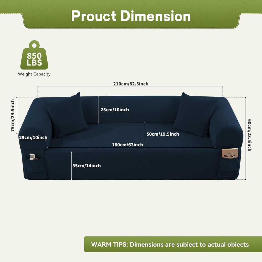 3 Seater Sofa Couch for Living Room (Blue, 30' D + 2 Pillows)