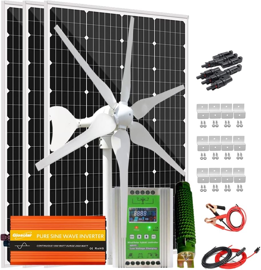 760 Watt Solar Wind Hyrbid System 12V Off Grid Kit: 3pcs 120W Monocrystalline Solar Panel,400W Wind Turbine Generator,Hybrid MPPT Charge Controller & 3000W Inverter & Brackets