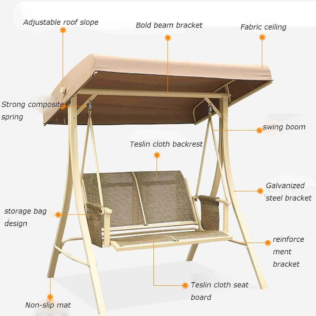 2-seat Outdoor Swing, Wrought Iron Rocking Chair, Outdoor Balcony Hanging Chair, Steel Frame Structure with Rotatable Canopy Porch Swing