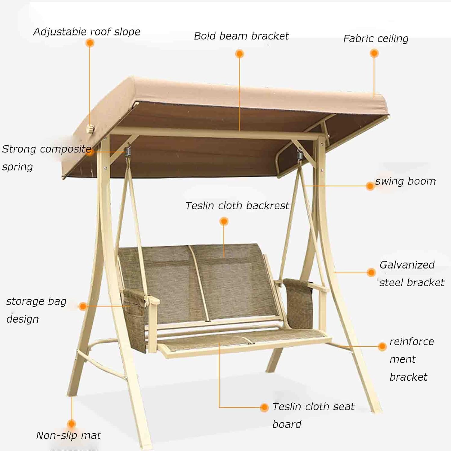 2-seat Outdoor Swing, Wrought Iron Rocking Chair, Outdoor Balcony Hanging Chair, Steel Frame Structure with Rotatable Canopy Porch Swing