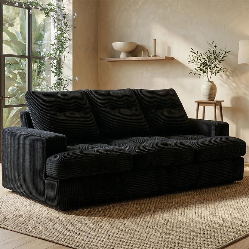 85' Corduroy 3 Seater Sofa in a Box, High-Density Foam Couch, No Assembly Compressed Deep Seat Sofa for Living Room, Bedroom, Apartment, Black | No Assembly Required, Soft Corduroy, HD Foam Comfort, Deep Seat Comfort, Sofa in a Box Setup